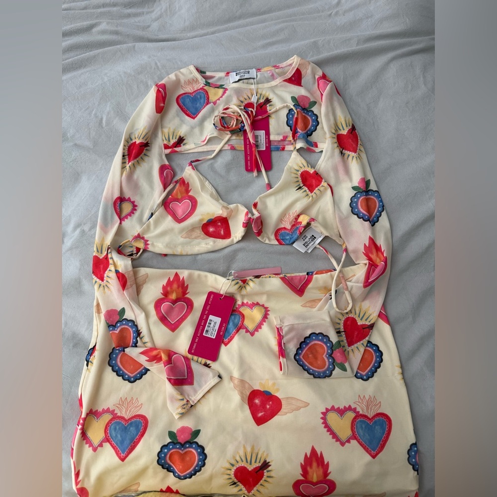 Beginning Boutique Heart Print Set in Cream and Red